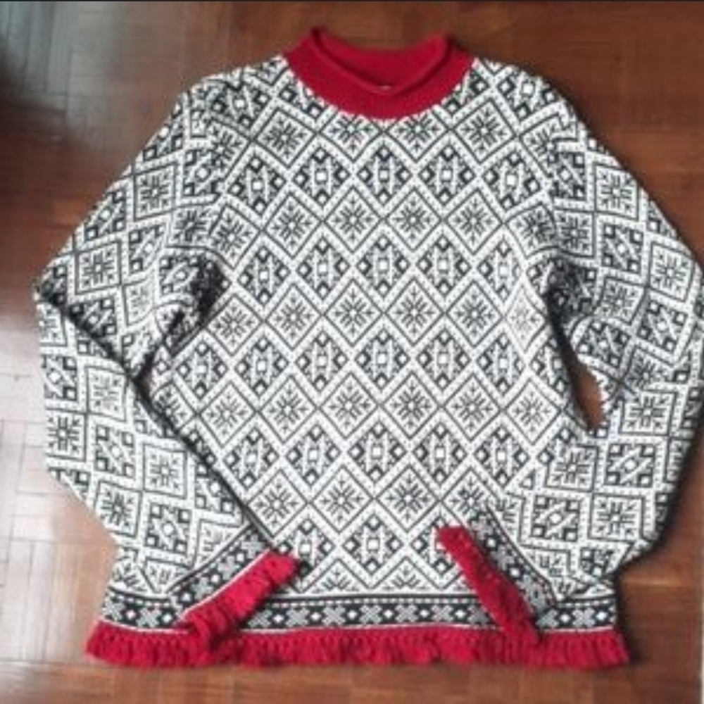 Talbots Winter Print Mock Neck Sweater Womens Tassle Sleeves‎ Black Red White 2X